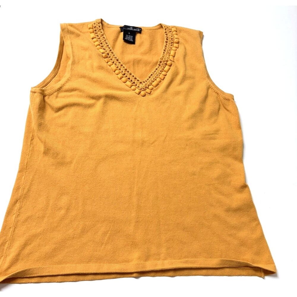 Willi Smith Gold Knit  Pullover Top ~ Women's Size L ~ V-Neck w/Crochet